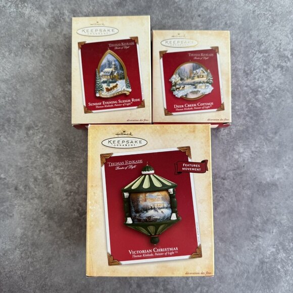 Hallmark Thomas Kinkade Ornaments Lot of 3 Victorian Sunday Evening & Deer Creek - Picture 1 of 2